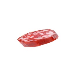 Photo of Piece of delicious dry cured sausage isolated on white