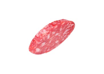 Photo of Piece of delicious dry cured sausage isolated on white