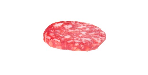 Photo of Piece of delicious dry cured sausage isolated on white