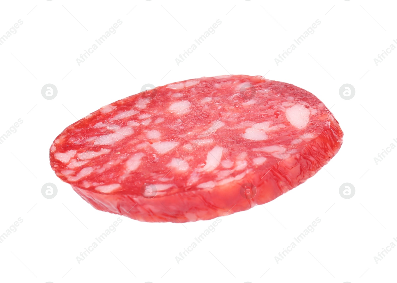 Photo of Piece of delicious dry cured sausage isolated on white