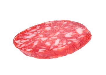 Photo of Piece of delicious dry cured sausage isolated on white