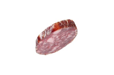 Photo of Piece of delicious dry cured sausage isolated on white