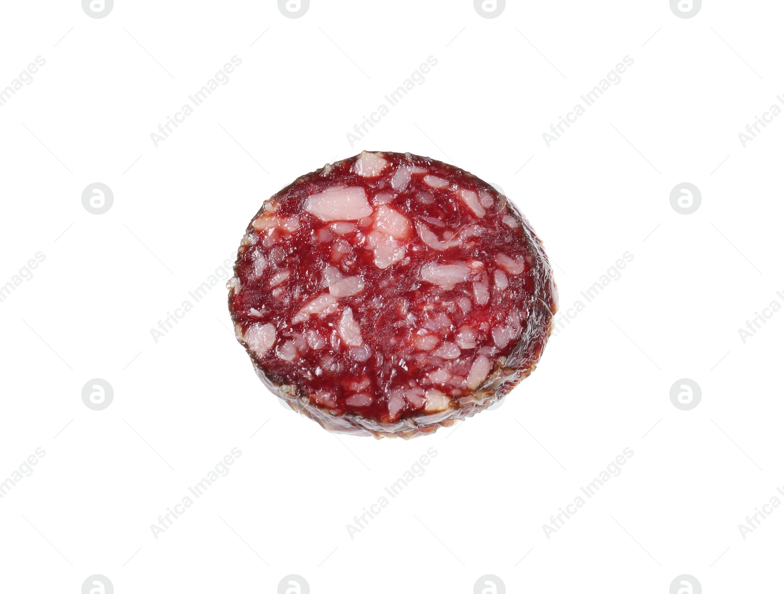 Photo of Piece of delicious dry cured sausage isolated on white