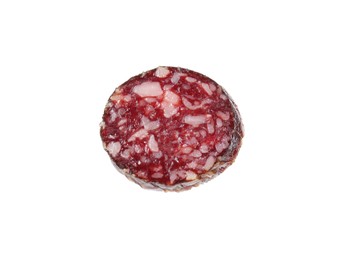 Photo of Piece of delicious dry cured sausage isolated on white