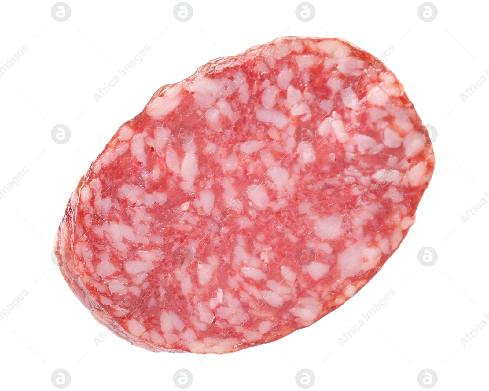 Photo of Piece of delicious smoked sausage isolated on white