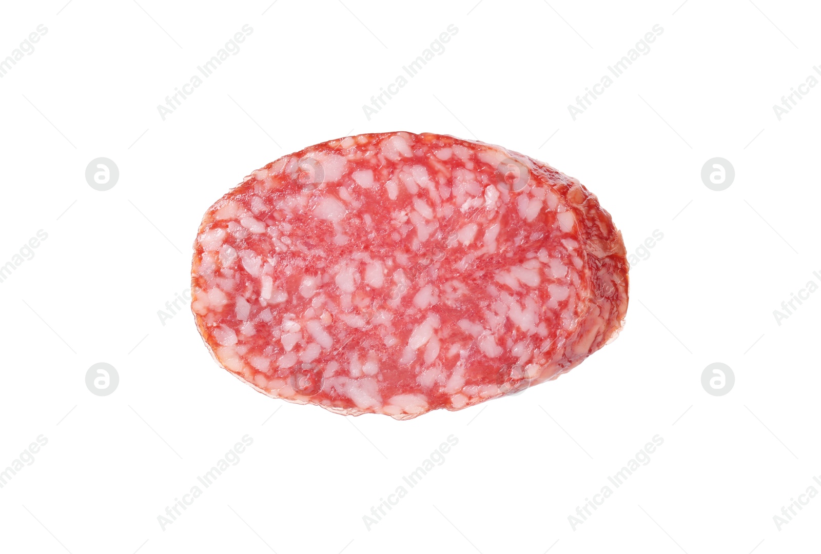 Photo of Piece of delicious smoked sausage isolated on white