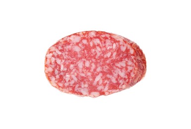 Photo of Piece of delicious smoked sausage isolated on white