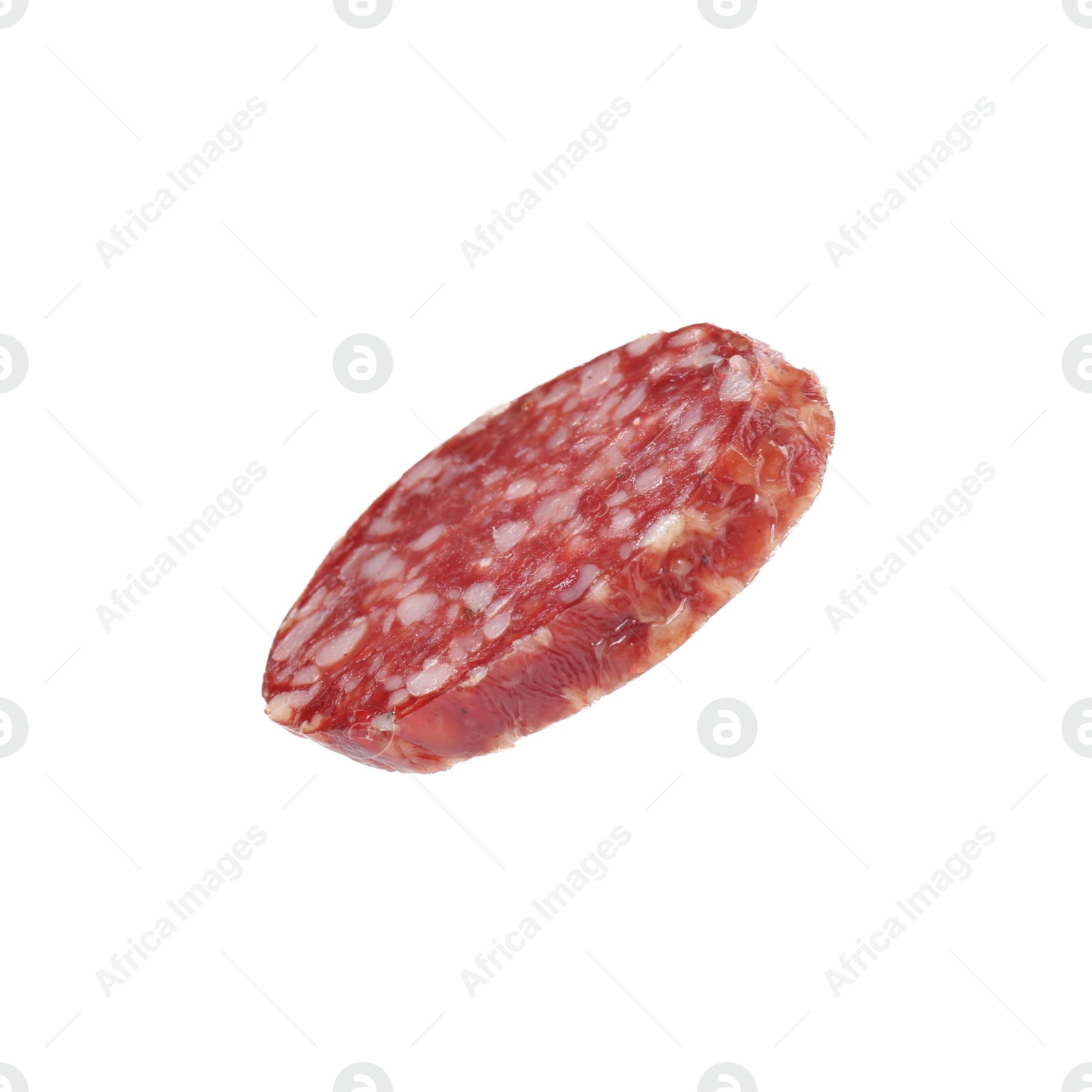 Photo of Piece of delicious smoked sausage isolated on white