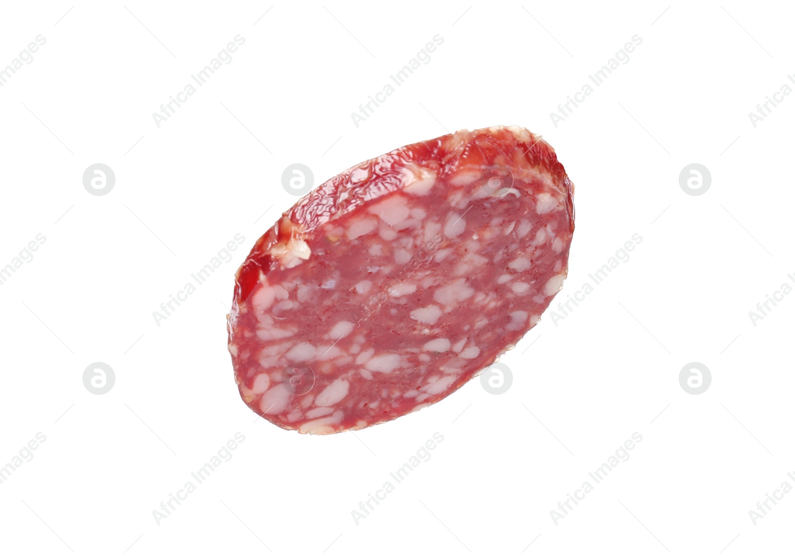 Photo of Piece of delicious smoked sausage isolated on white