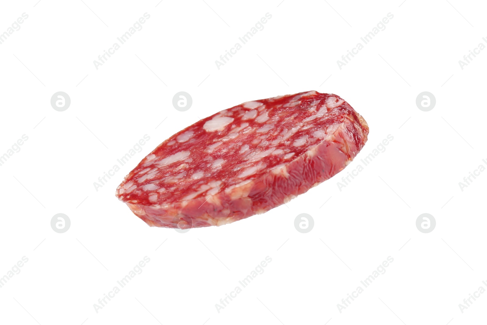 Photo of Piece of delicious smoked sausage isolated on white