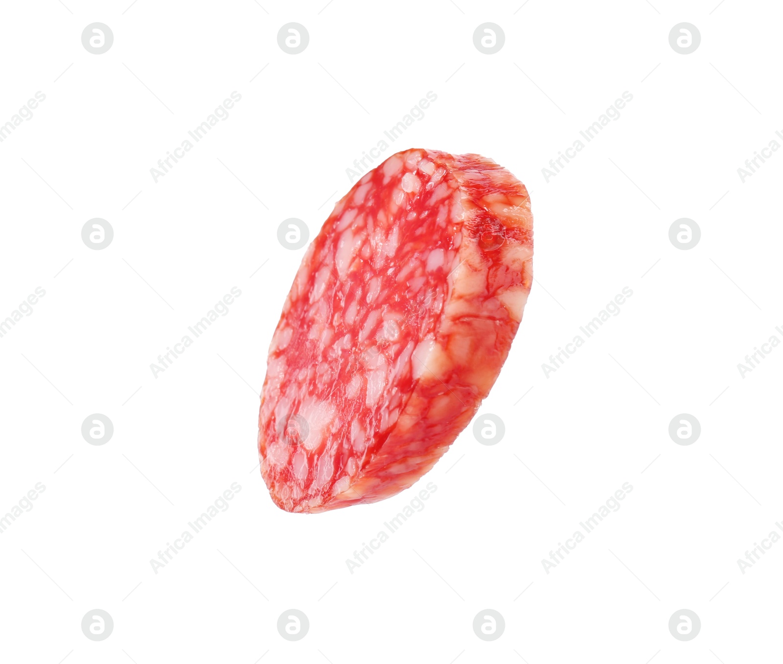 Photo of Piece of delicious smoked sausage isolated on white