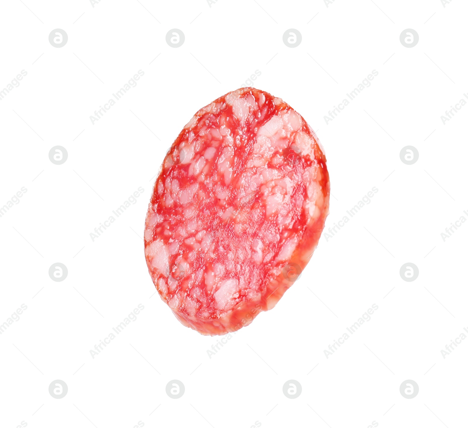 Photo of Piece of delicious smoked sausage isolated on white