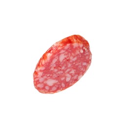 Photo of Piece of delicious smoked sausage isolated on white