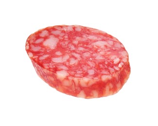 Photo of Piece of delicious smoked sausage isolated on white