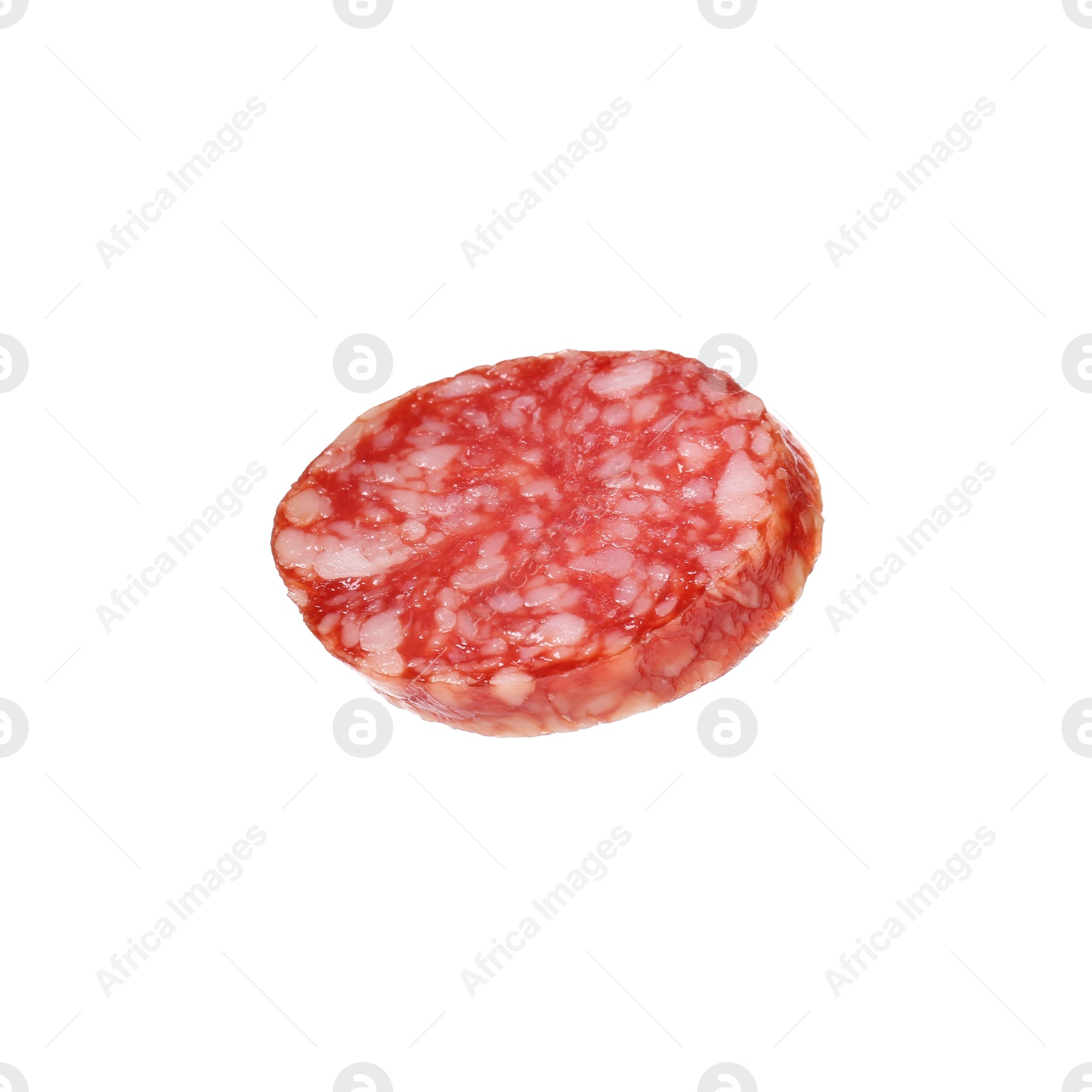 Photo of Piece of delicious smoked sausage isolated on white