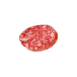 Photo of Piece of delicious smoked sausage isolated on white