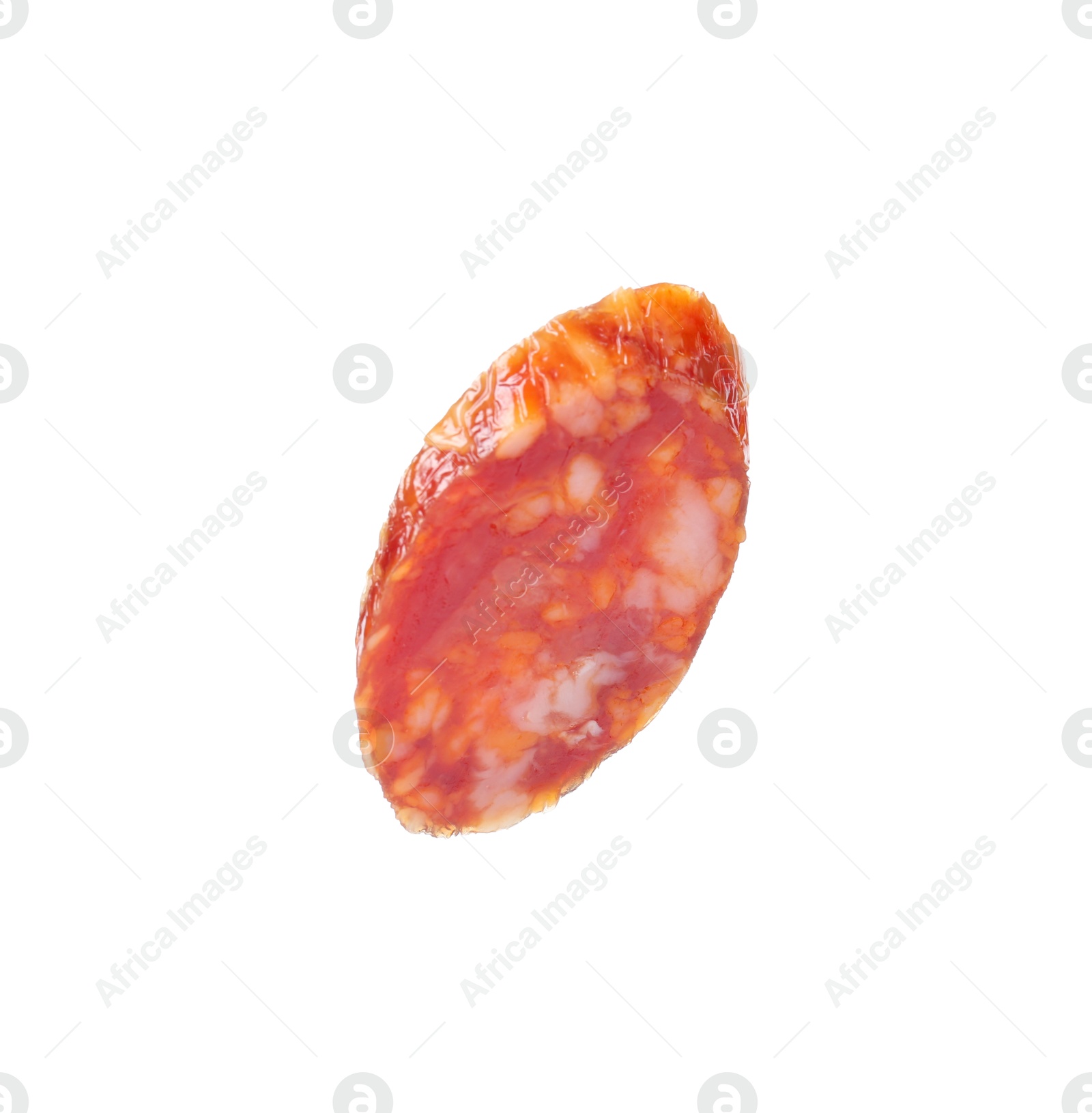 Photo of Piece of delicious dry cured sausage isolated on white