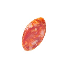 Photo of Piece of delicious dry cured sausage isolated on white