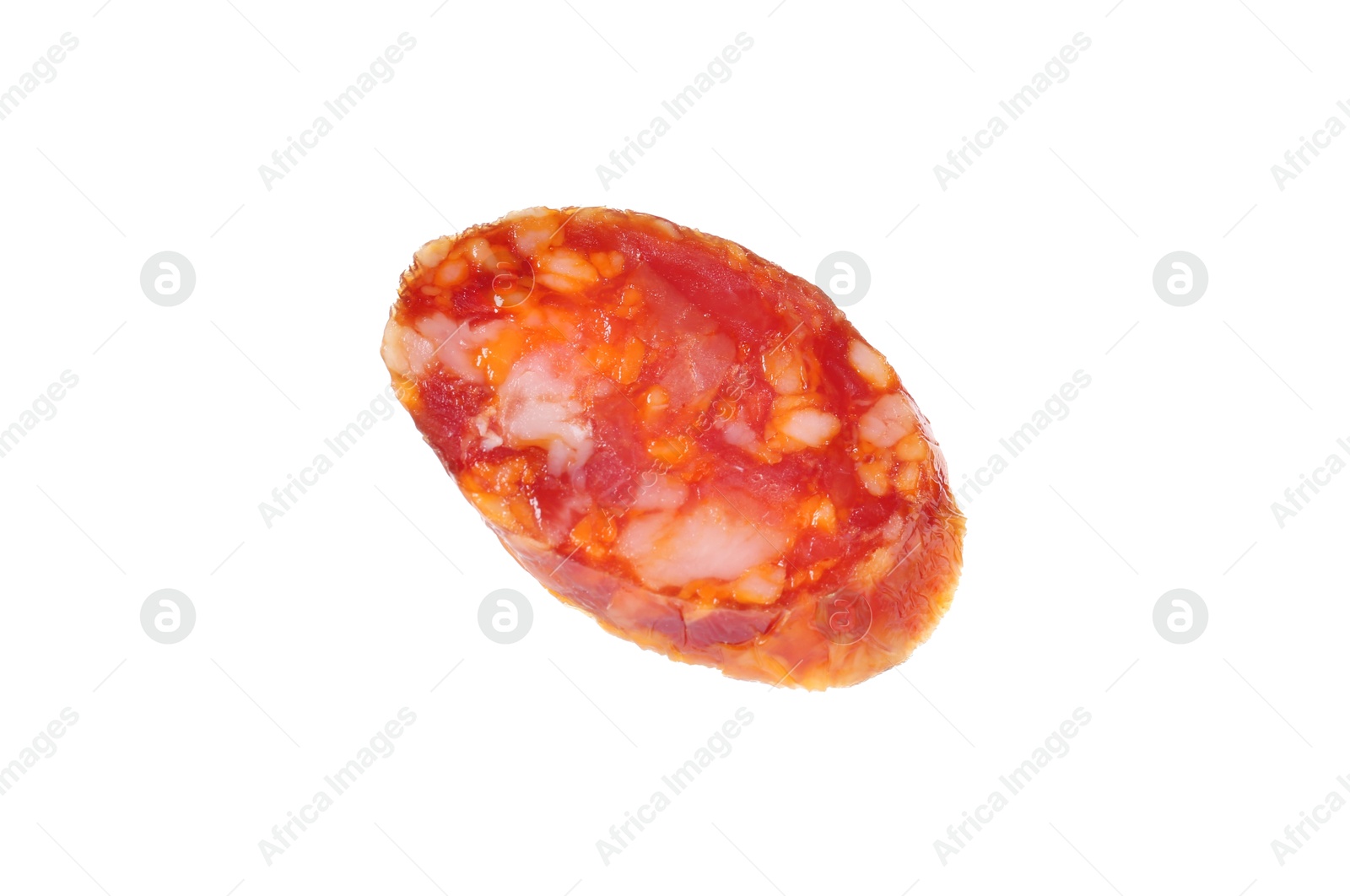 Photo of Piece of delicious dry cured sausage isolated on white