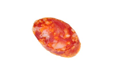 Photo of Piece of delicious dry cured sausage isolated on white