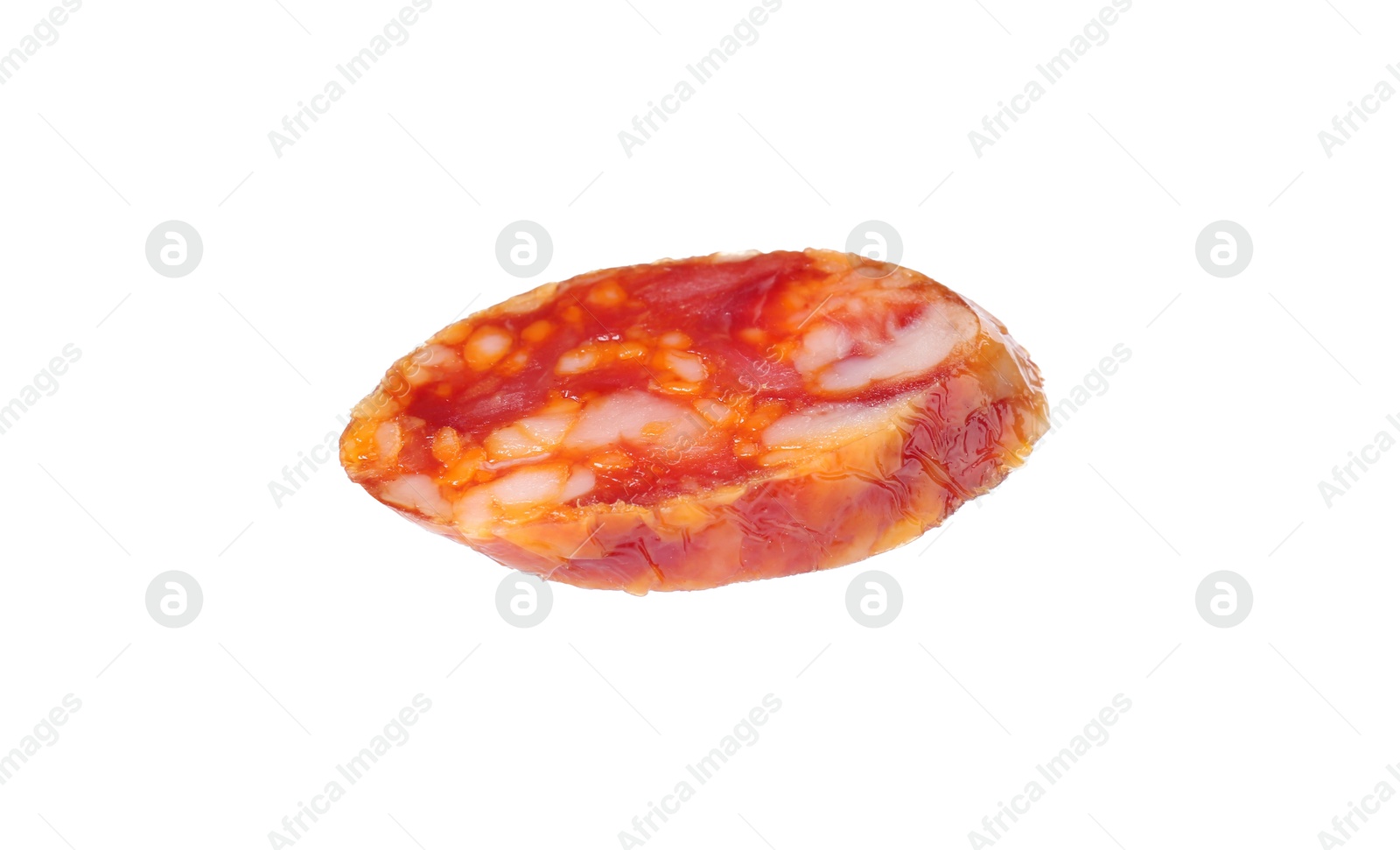 Photo of Piece of delicious dry cured sausage isolated on white