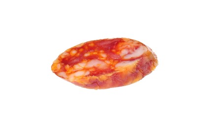 Photo of Piece of delicious dry cured sausage isolated on white