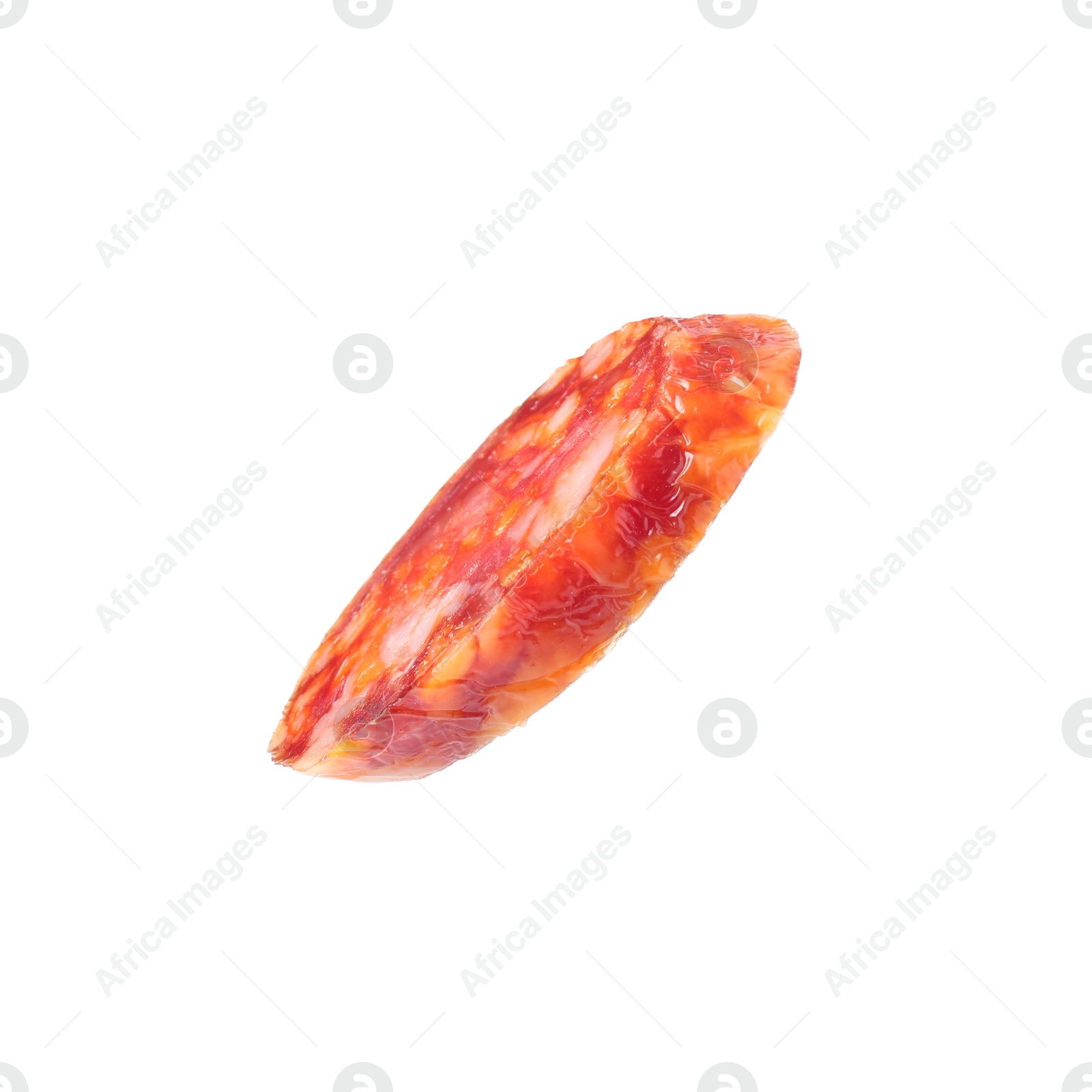 Photo of Piece of delicious dry cured sausage isolated on white