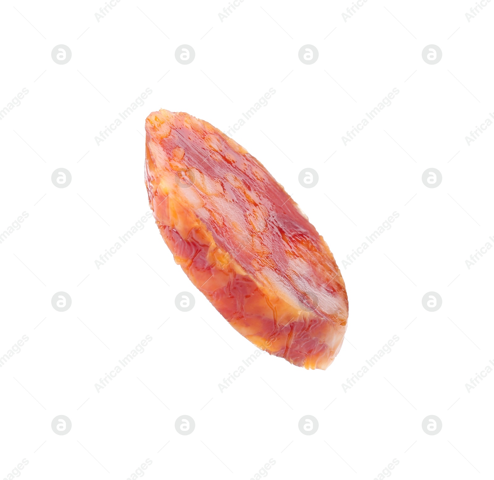 Photo of Piece of delicious dry cured sausage isolated on white