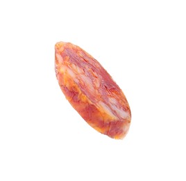 Photo of Piece of delicious dry cured sausage isolated on white