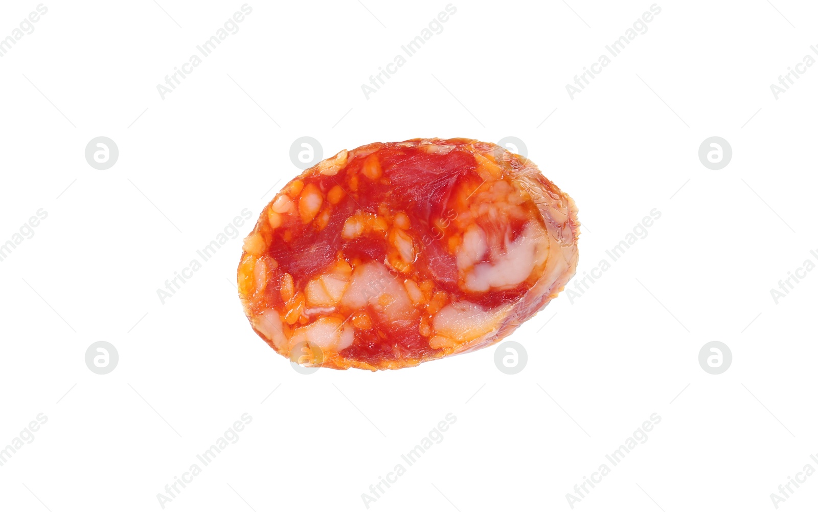 Photo of Piece of delicious dry cured sausage isolated on white