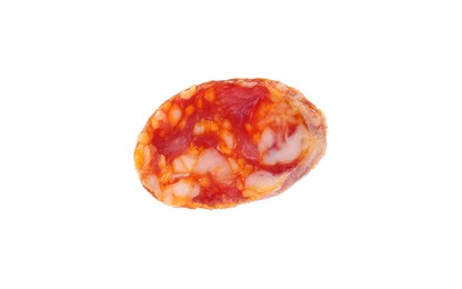 Photo of Piece of delicious dry cured sausage isolated on white