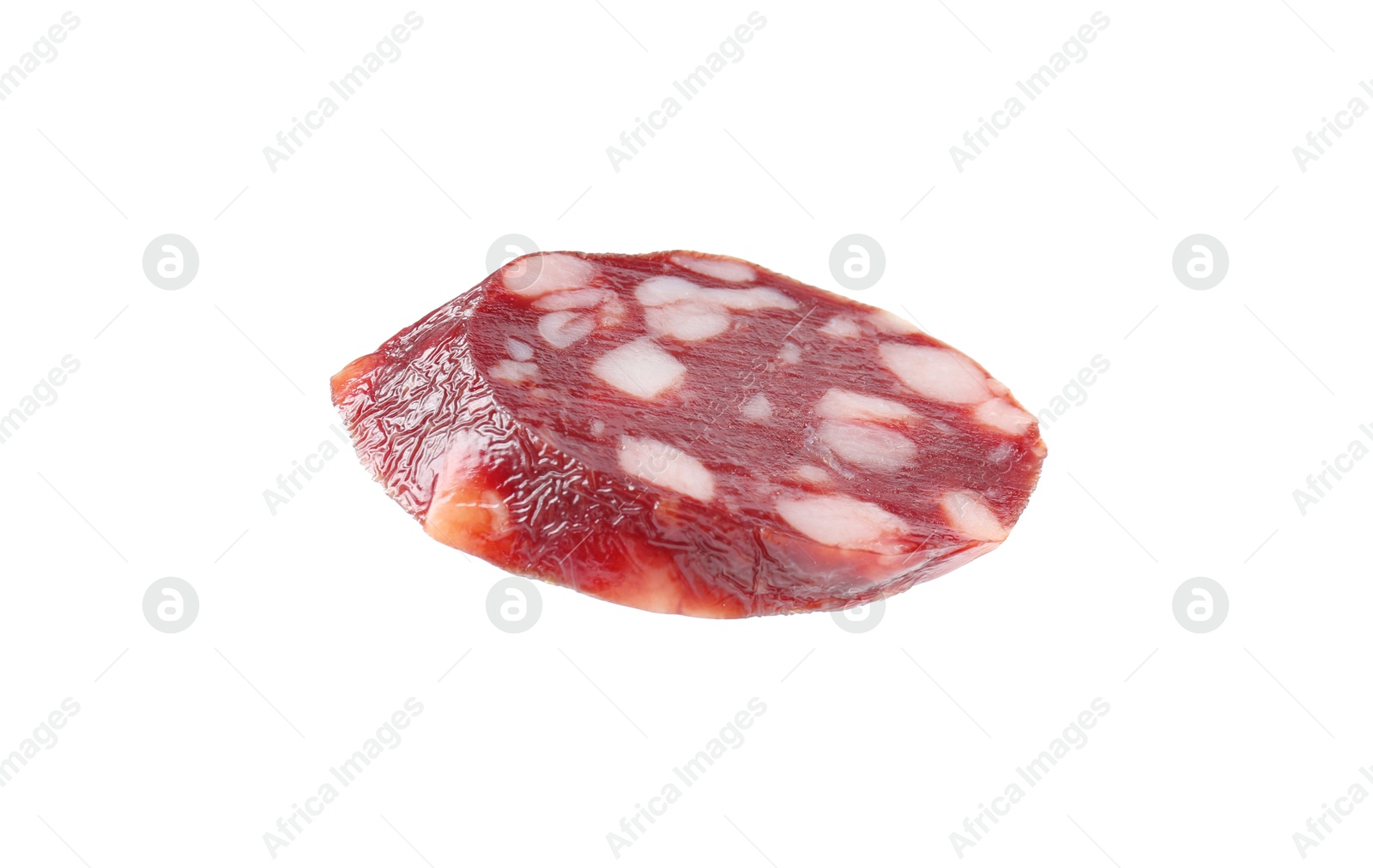 Photo of Piece of delicious dry cured sausage isolated on white