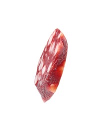 Photo of Piece of delicious dry cured sausage isolated on white