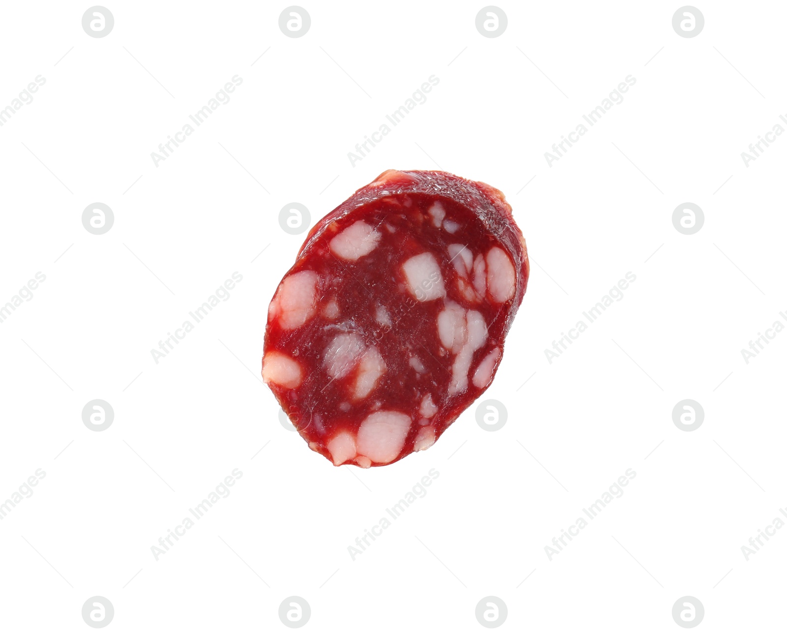 Photo of Piece of delicious dry cured sausage isolated on white