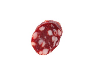 Photo of Piece of delicious dry cured sausage isolated on white