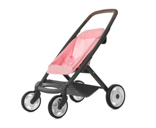 Photo of Pink doll stroller isolated on white. Kid's toy