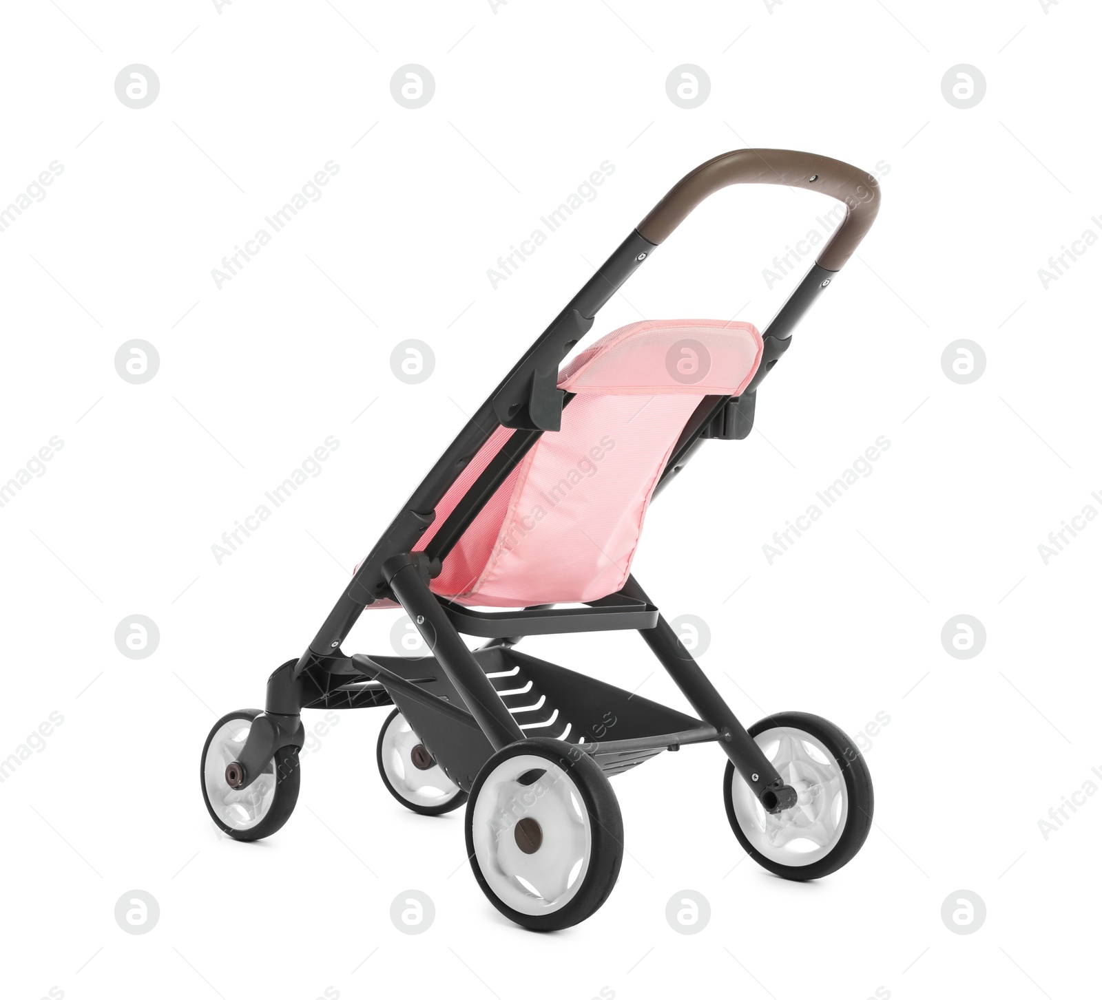 Photo of Pink doll stroller isolated on white. Kid's toy