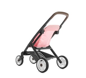 Photo of Pink doll stroller isolated on white. Kid's toy