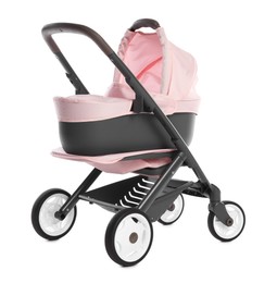 Photo of Pink doll stroller isolated on white. Kid's toy