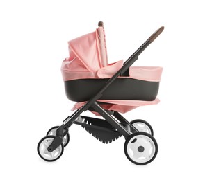 Photo of Pink doll stroller isolated on white. Kid's toy