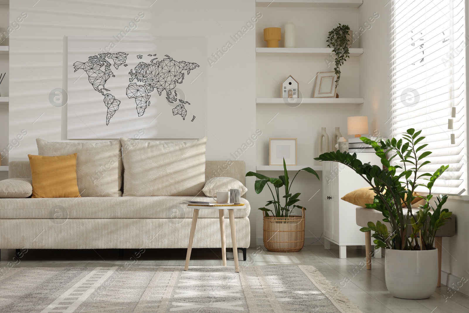 Photo of Contemporary furniture, houseplants and decor in light living room. Interior design