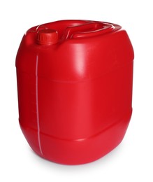 Photo of One red plastic canister on white background