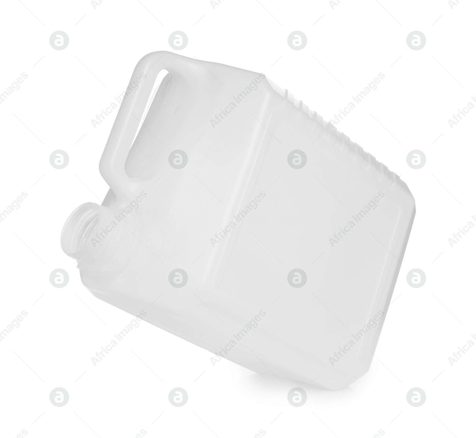 Photo of One plastic canister in air on white background