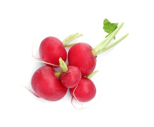 Photo of Many fresh ripe radishes isolated on white, top view