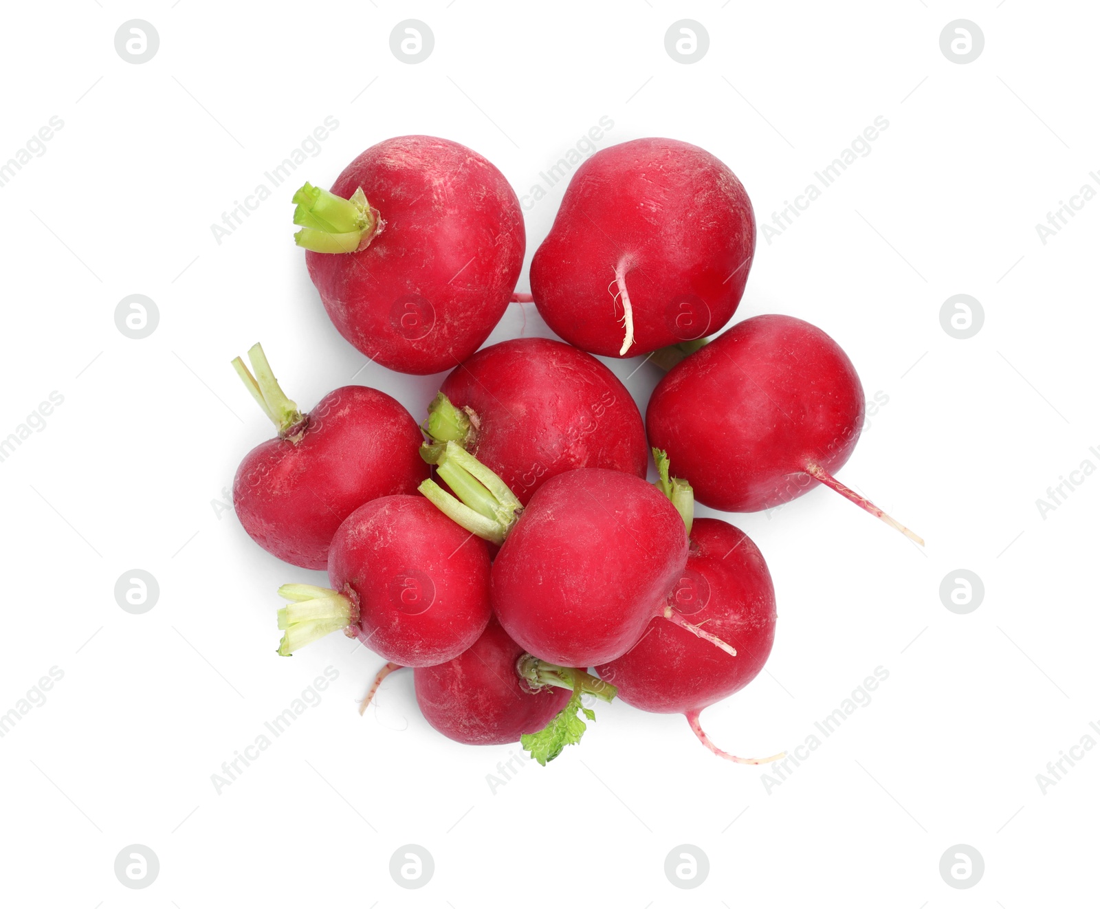 Photo of Many fresh ripe radishes isolated on white, top view