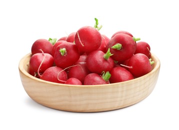 Photo of Fresh ripe radishes in bowl isolated on white