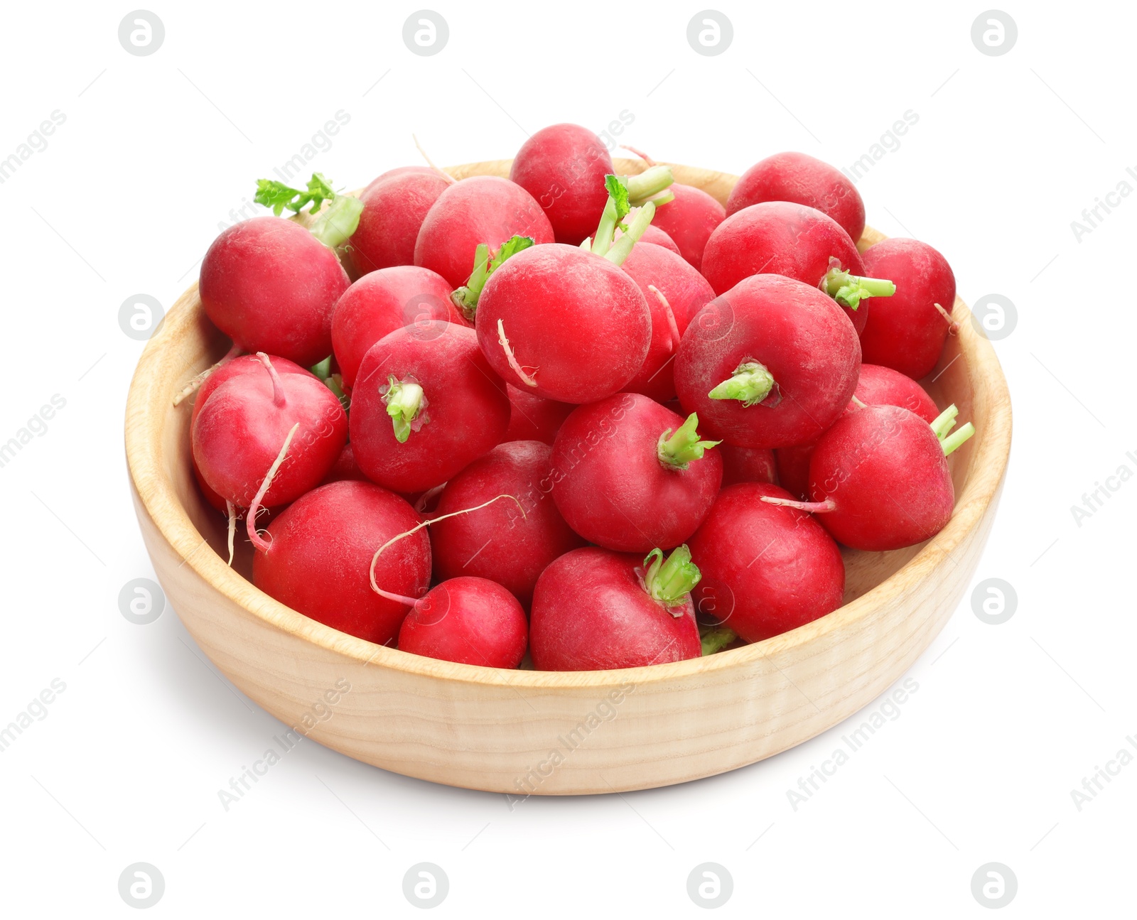 Photo of Fresh ripe radishes in bowl isolated on white