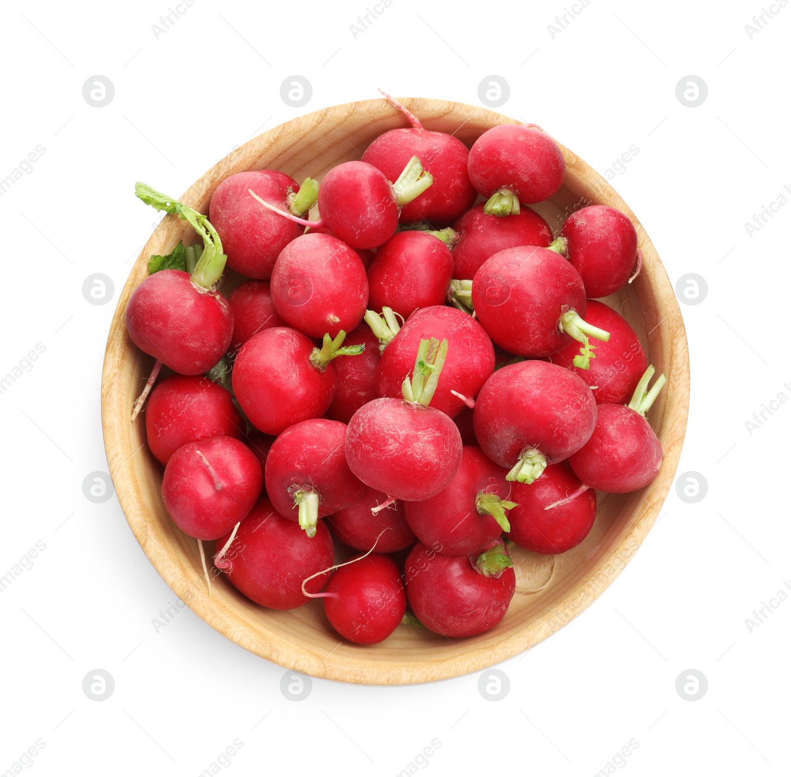 Photo of Fresh ripe radishes in bowl isolated on white, top view