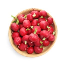 Photo of Fresh ripe radishes in bowl isolated on white, top view