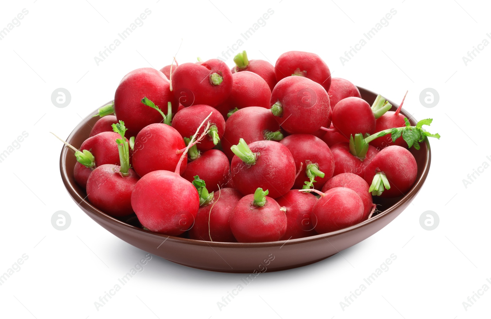 Photo of Fresh ripe radishes in bowl isolated on white